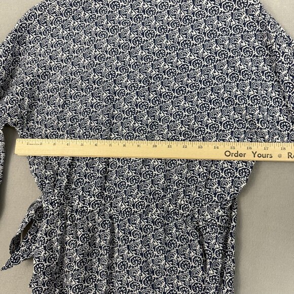 Talbots Wrap Blouse Womens XS Blue White Print Tie Waist 3/4 Sleeve Top - Picture 8 of 12